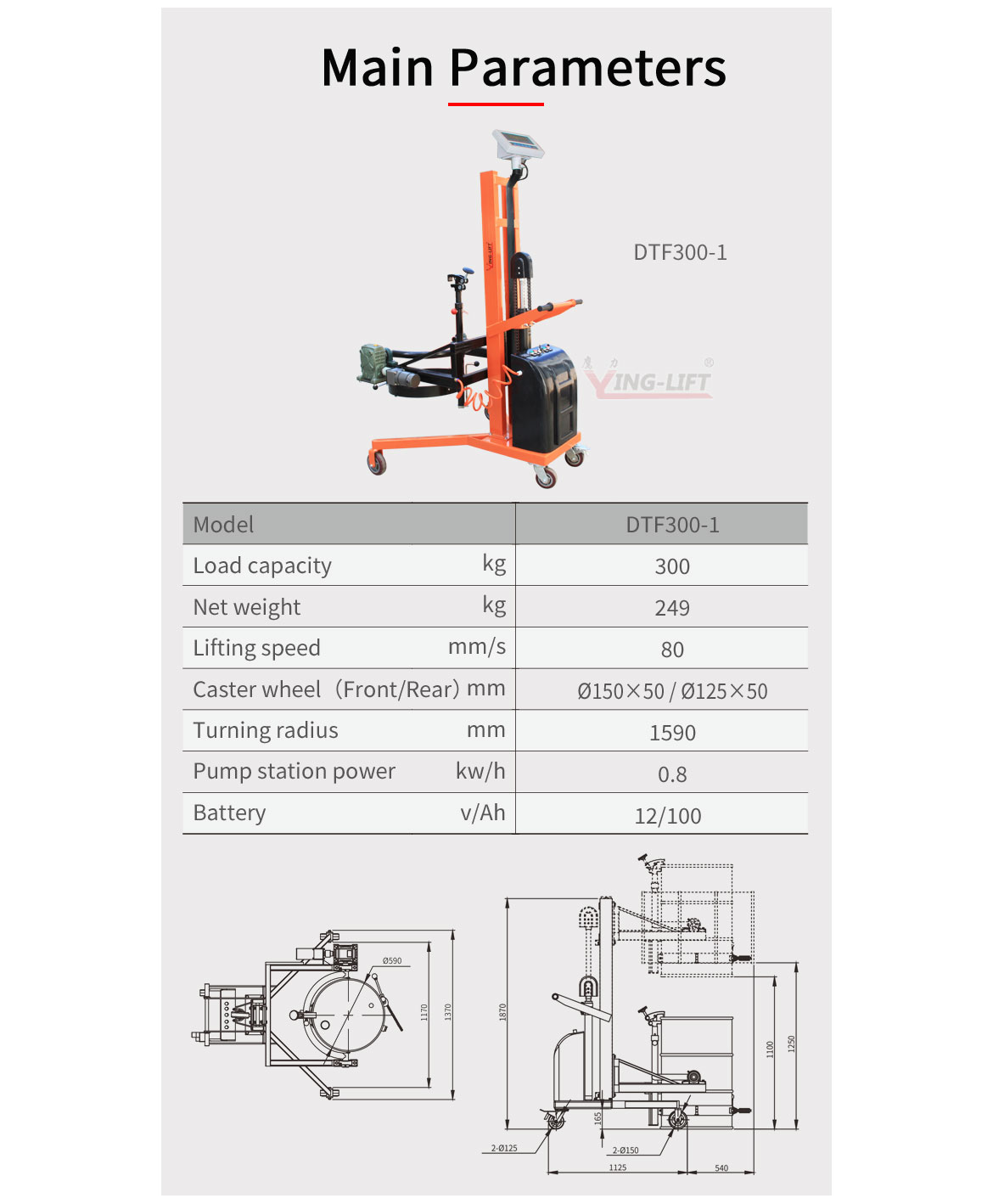 Electric Hydraulic Lifting and Lowering V-Shaped Drum Lift